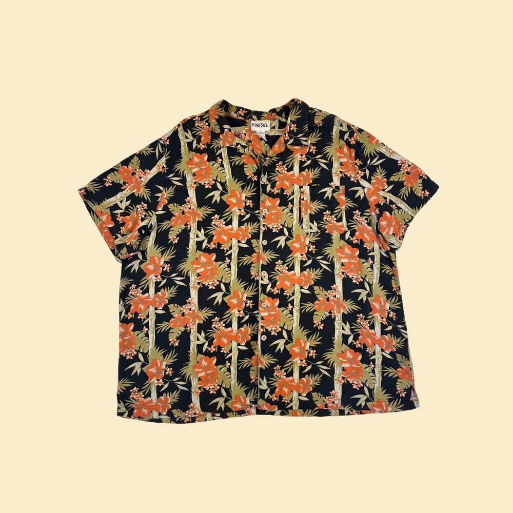 90s bamboo patterned shirt by King Size, size 4XL mens rayon button down